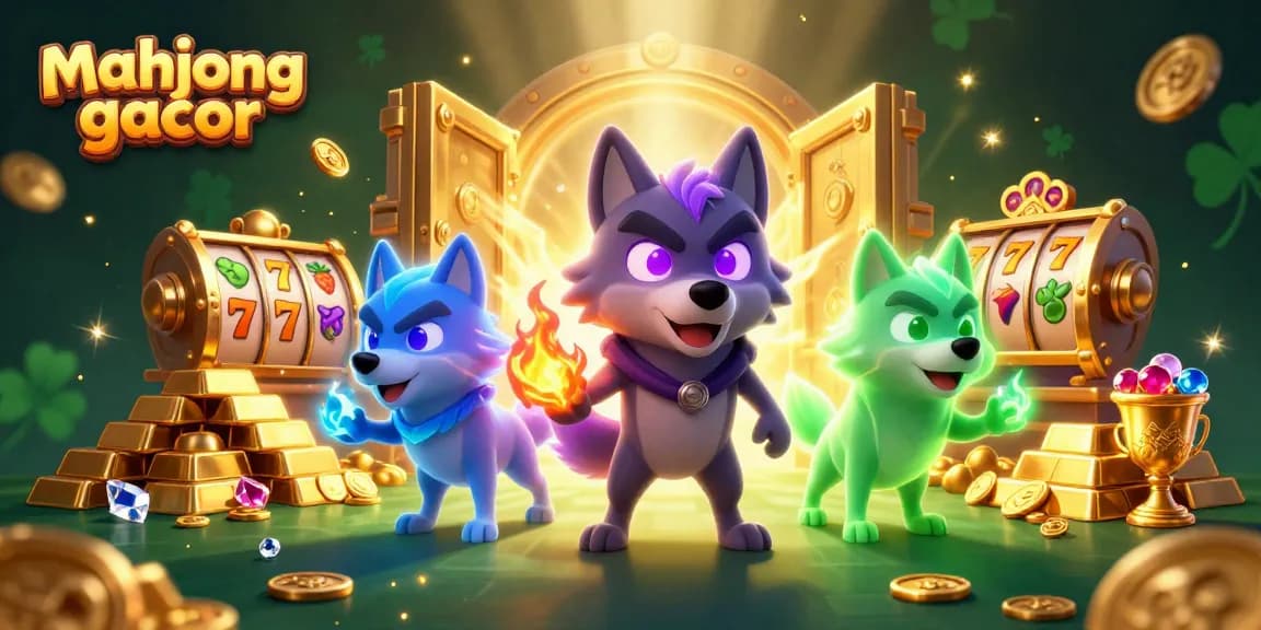 Experience mahjong gacor in vibrant 3D illustration showcasing a dynamic casino scene with shadow wolves and treasures.