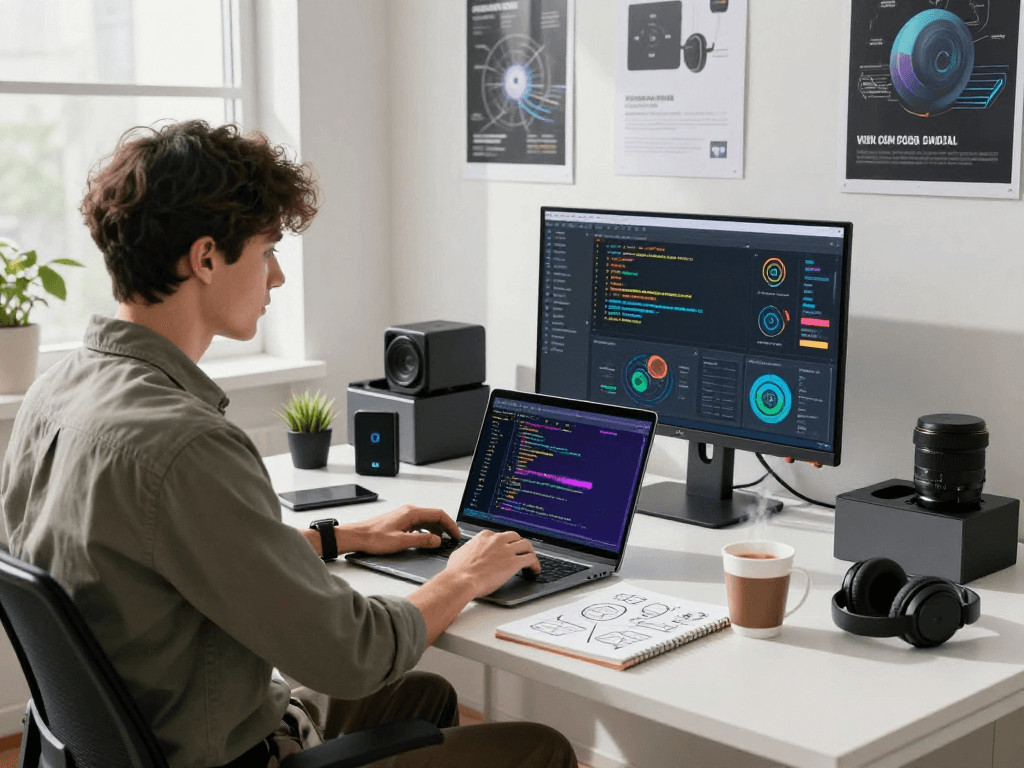 Professional in innovative workspace developing spicy AI solutions with tech gadgets and vibrant code.