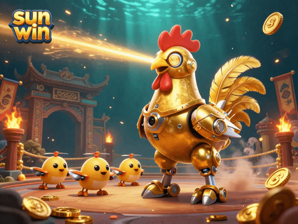 Experience sun win action with the golden rooster robot and baby chick drones in a thrilling casino setting.