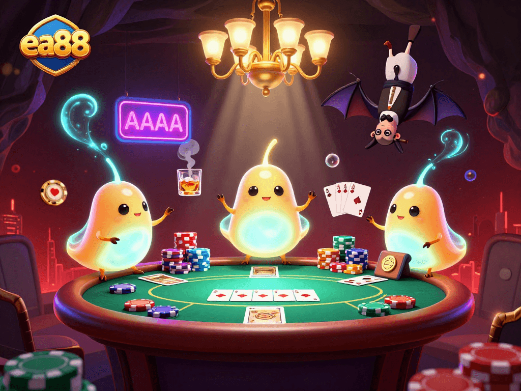 ea88 casino adventure showcasing glowworms illuminating a poker table in a mystical setting