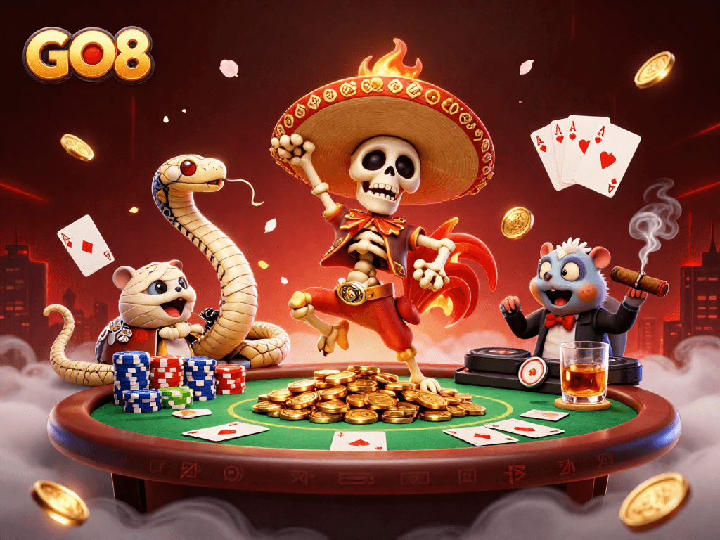 Experience the vibrant excitement of GO8 with a dynamic 3D casino scene filled with action.