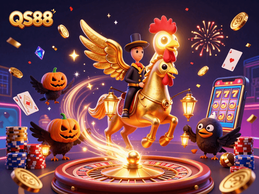 Experience the thrill of QS88 with dynamic casino visuals, coins flying, and vibrant colors.