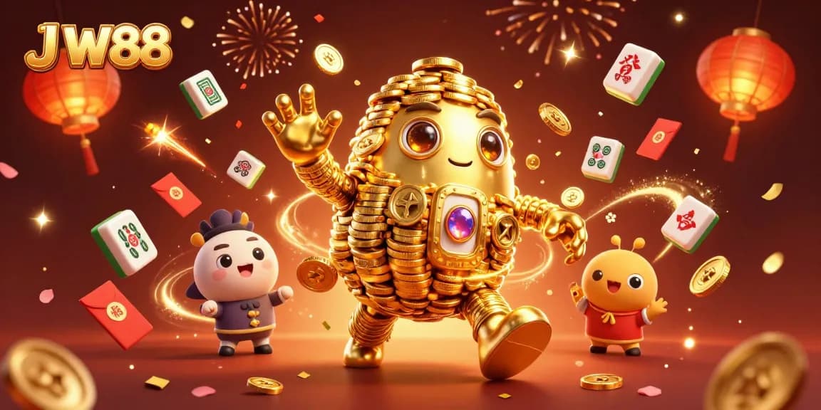 Experience thrilling casino adventures with J W88's golden golem amidst vibrant gambling symbols.