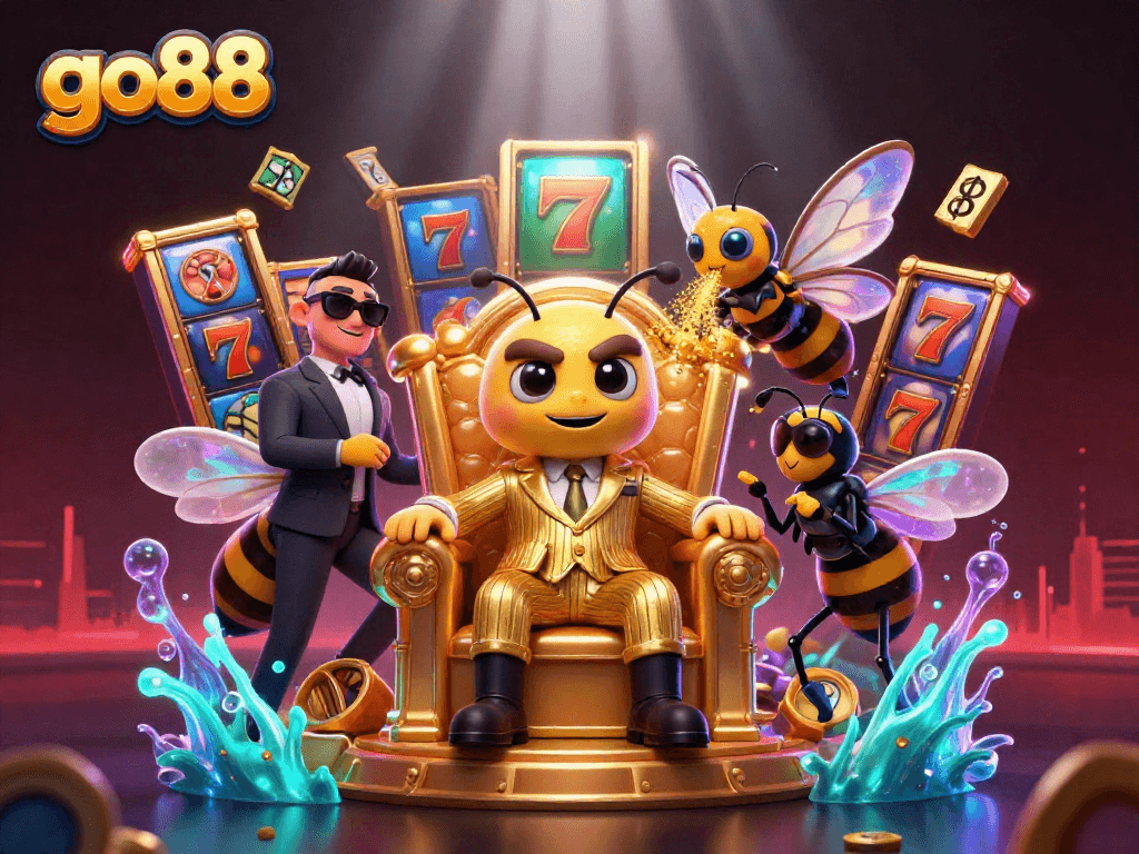 Win big with go88 in a vibrant casino scene featuring unique 3D characters and exciting slot elements.