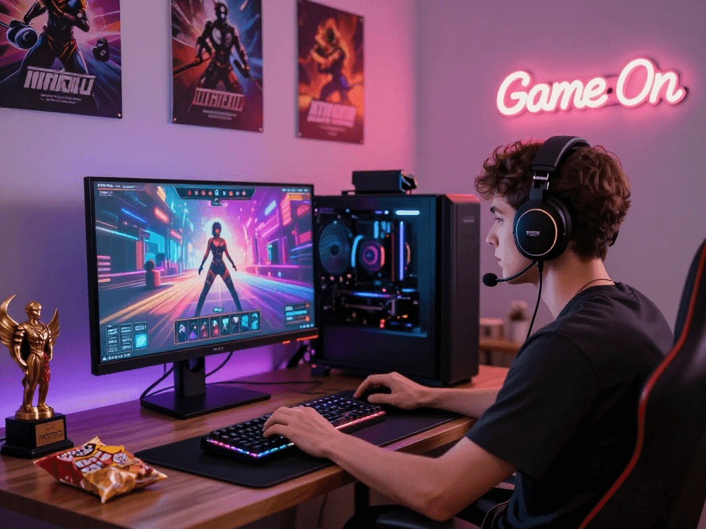 Experience thrilling sex simulator games in an immersive gaming setup filled with vibrant colors.