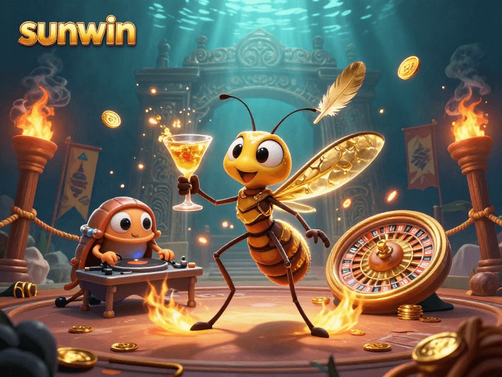 Sunwin showcases a lively casino scene with a mosquito mascot, trilobite DJ, and golden roulette.