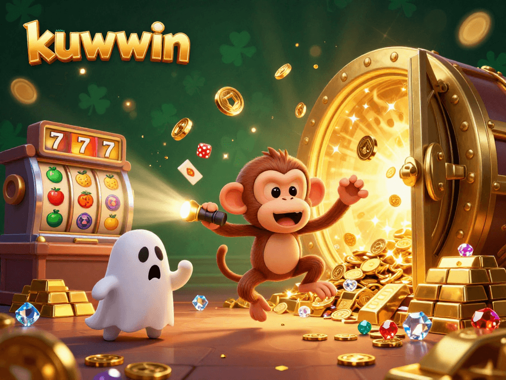Kuwin's engaging 3D adventure showcases a mischievous monkey juggling coins and dice in a vibrant casino scene filled with jackpot symbols.