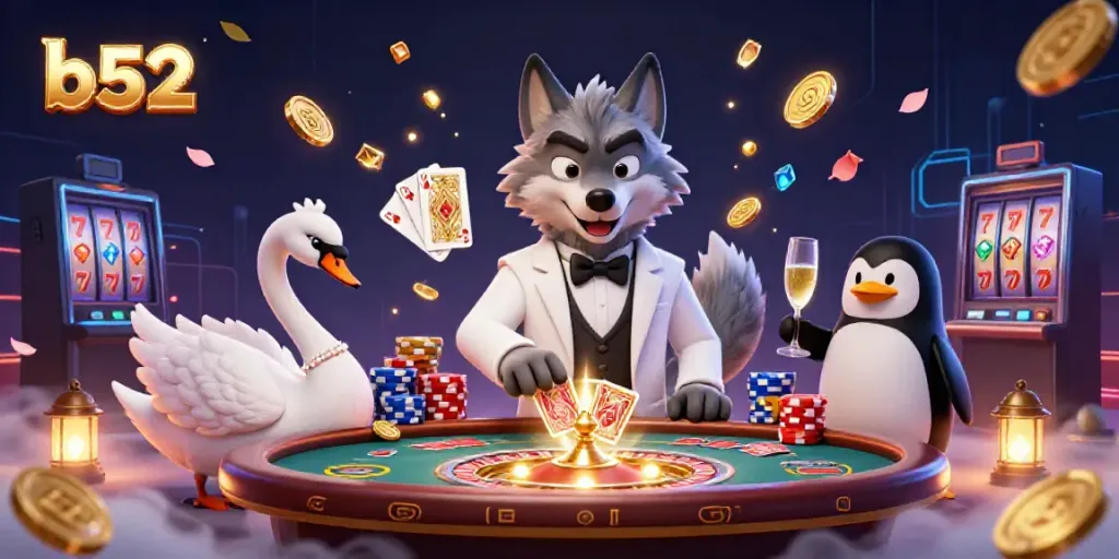 Experience thrilling gameplay at b52 with a stylish wolf, elegant swan, and penguin sommelier in a vibrant casino scene.
