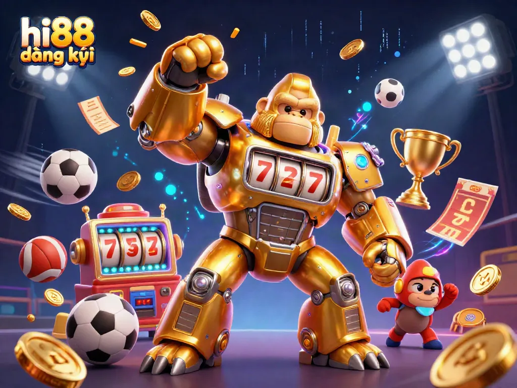 Engage in hi88 đăng ký with this vibrant illustration featuring a transformer-style mech and dynamic sports elements.