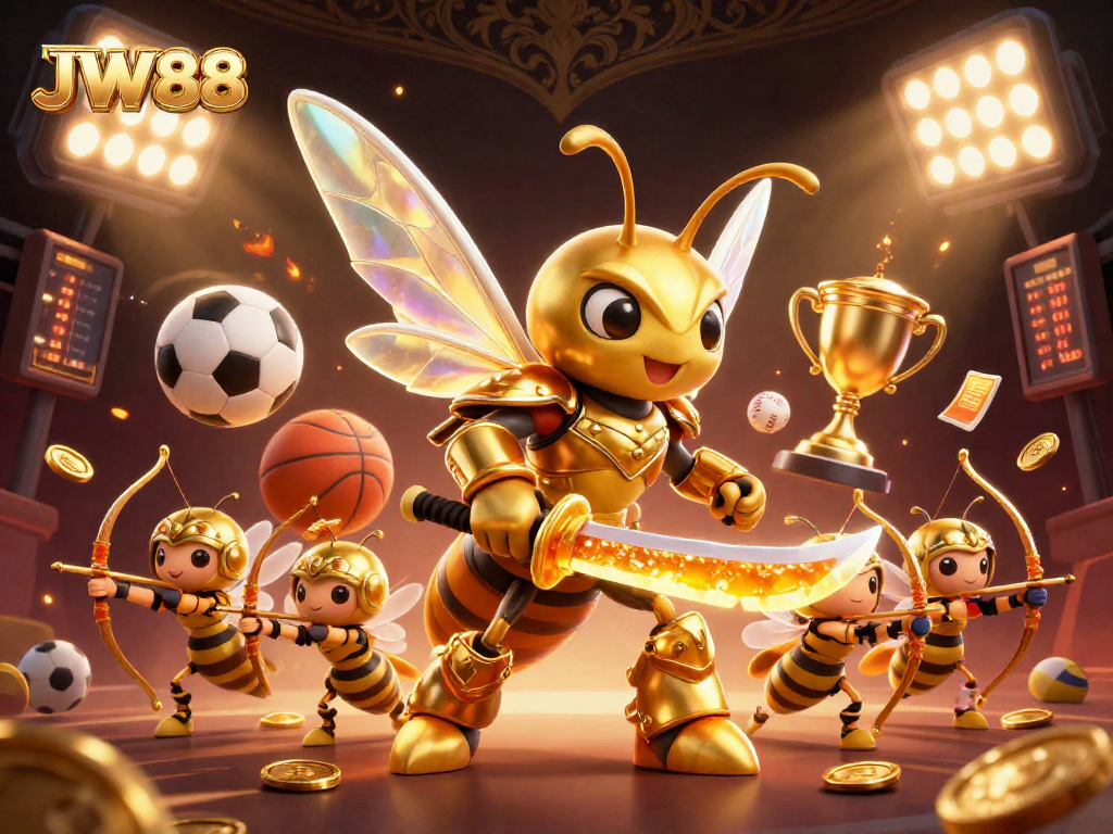 Engage with the dynamic world of JW88 casino, featuring an epic scene with a golden hornet samurai and athletic elements.