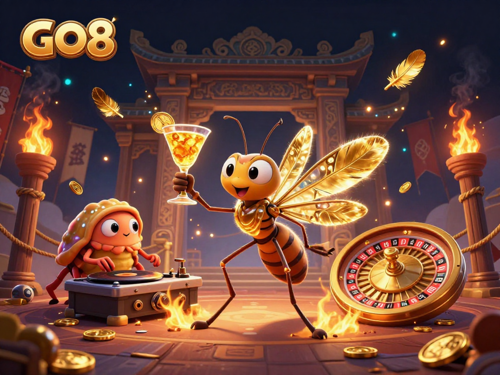 Experience the excitement at GO8 with a dazzling 3D casino scene featuring a vibrant frozen-in-amber mascot and a trilobite DJ.