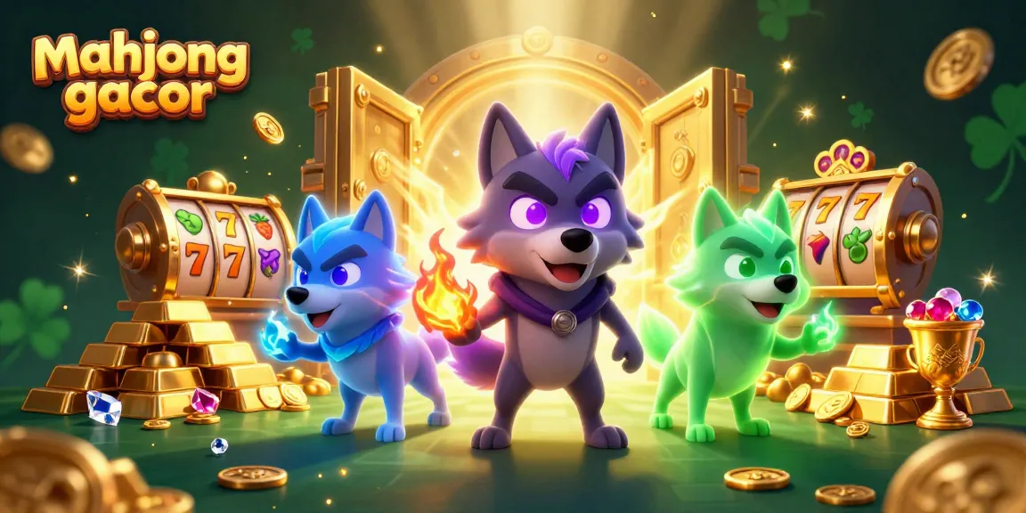 Experience mahjong gacor in vibrant 3D illustration showcasing a dynamic casino scene with shadow wolves and treasures.
