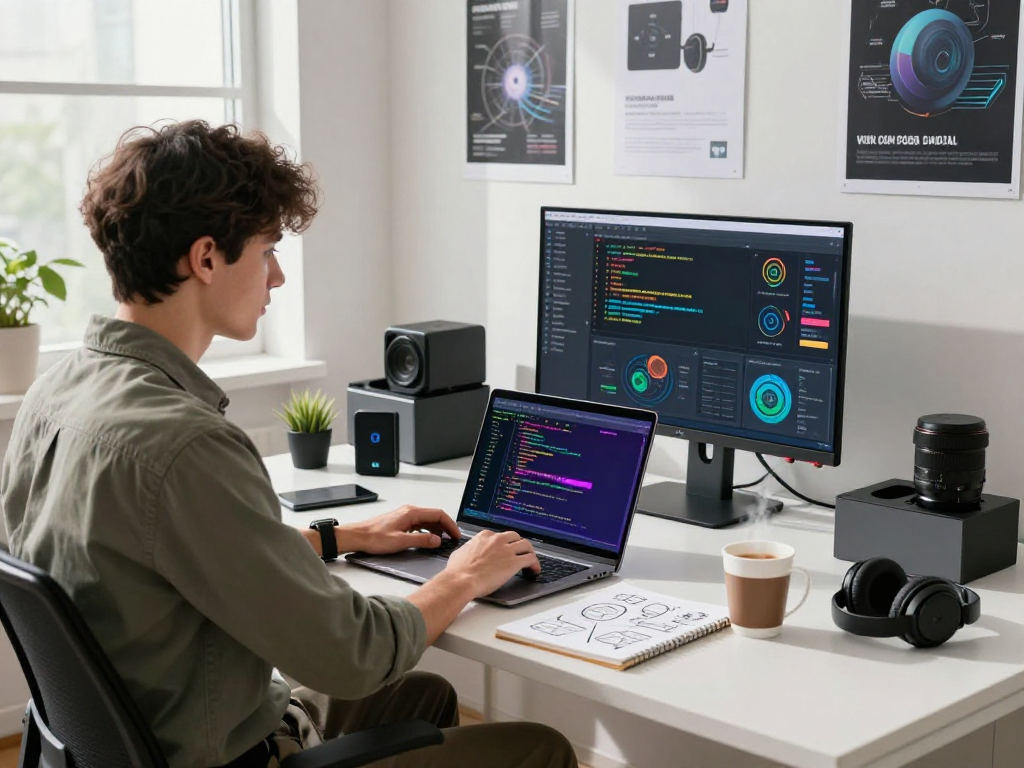 Professional in innovative workspace developing spicy AI solutions with tech gadgets and vibrant code.
