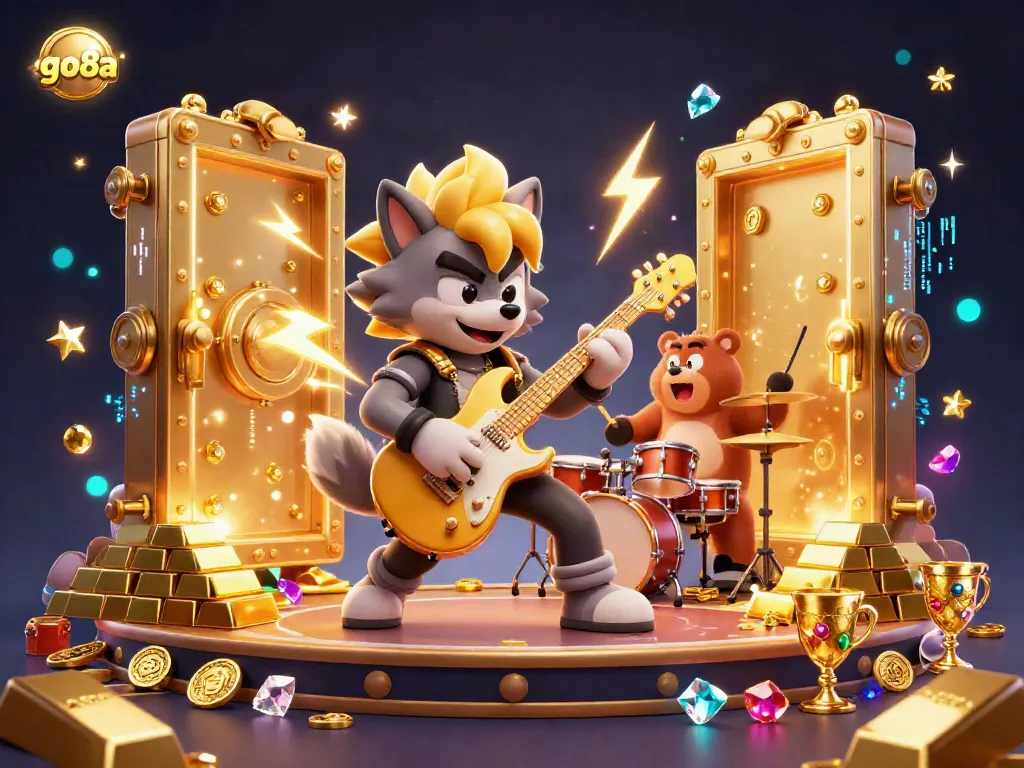Experience the excitement at go8a’s casino with a vibrant scene featuring musical characters and treasure elements.