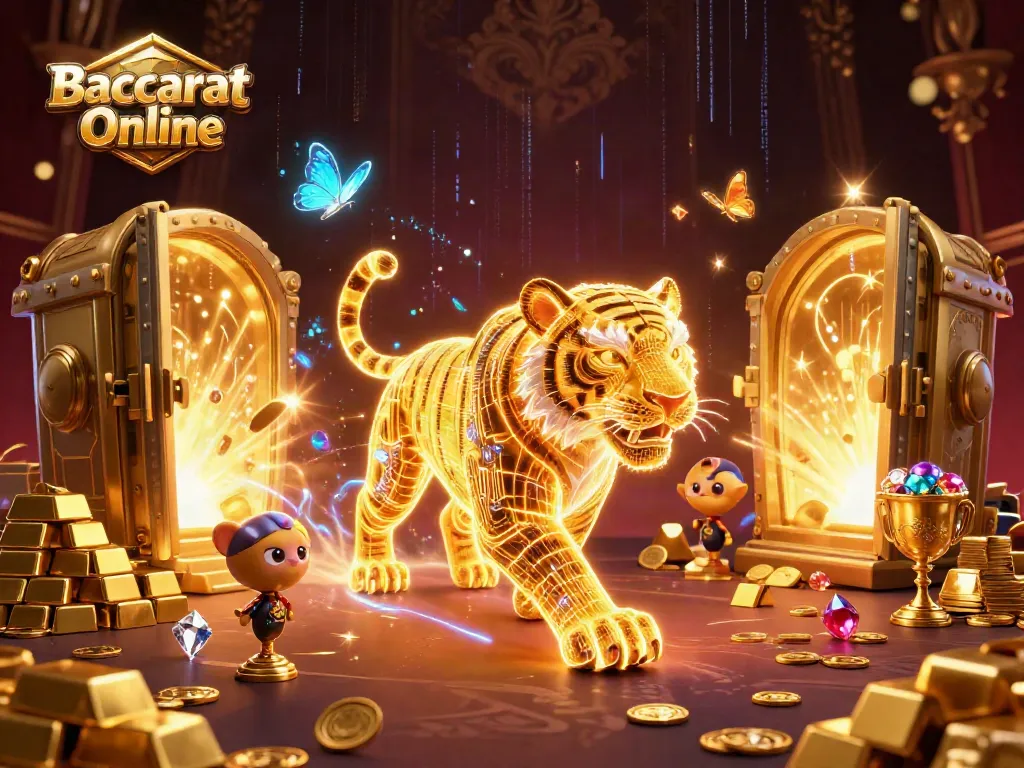Play Baccarat Online in an immersive digital casino scene with vibrant 3D visuals and stunning effects.