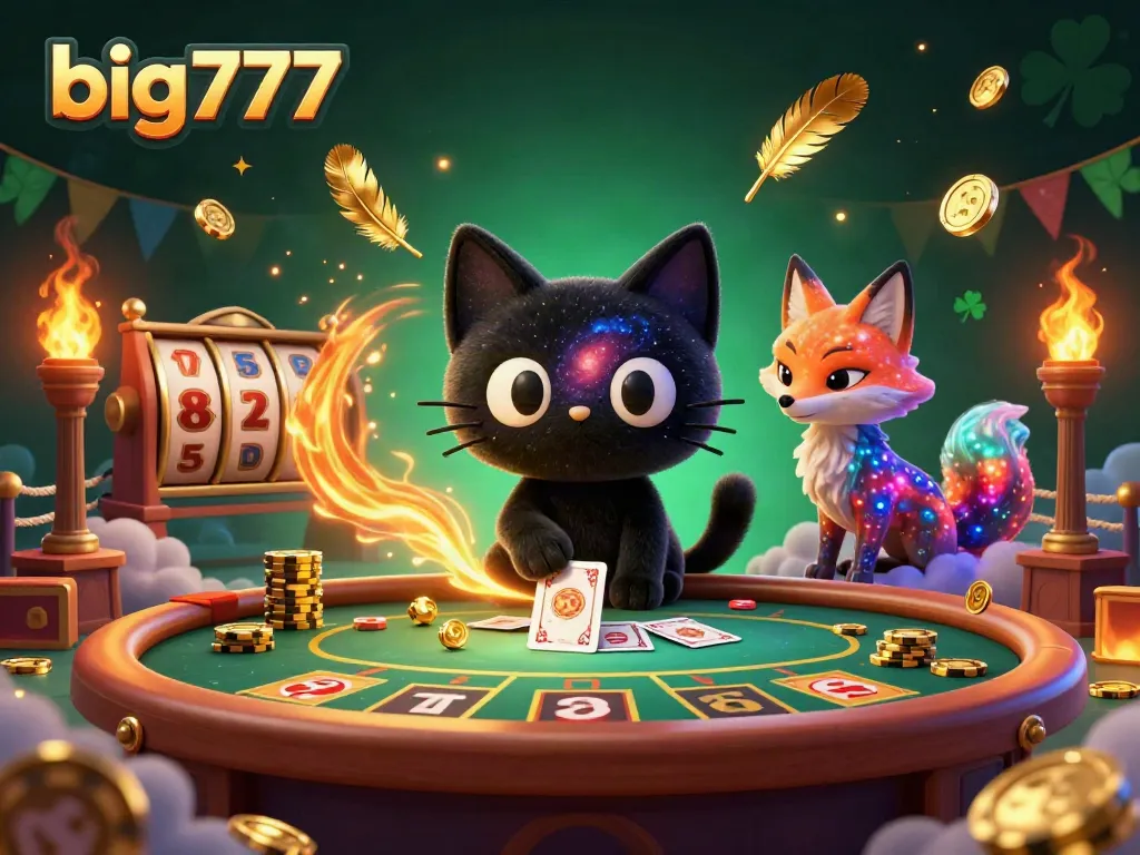 Experience thrilling gameplay at big777 cosmic casino featuring a black hole cat and nebula fox with vibrant effects.