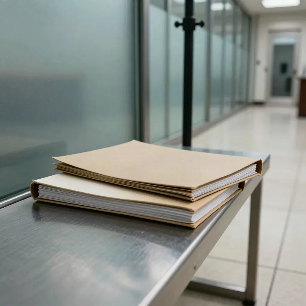 Closed claim files on a metal bench in a tribunal hallway with frosted glass and a coat stand.