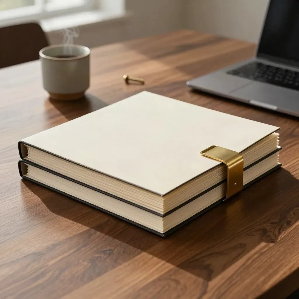 Folders, laptop and coffee arranged on a walnut table in warm window light.