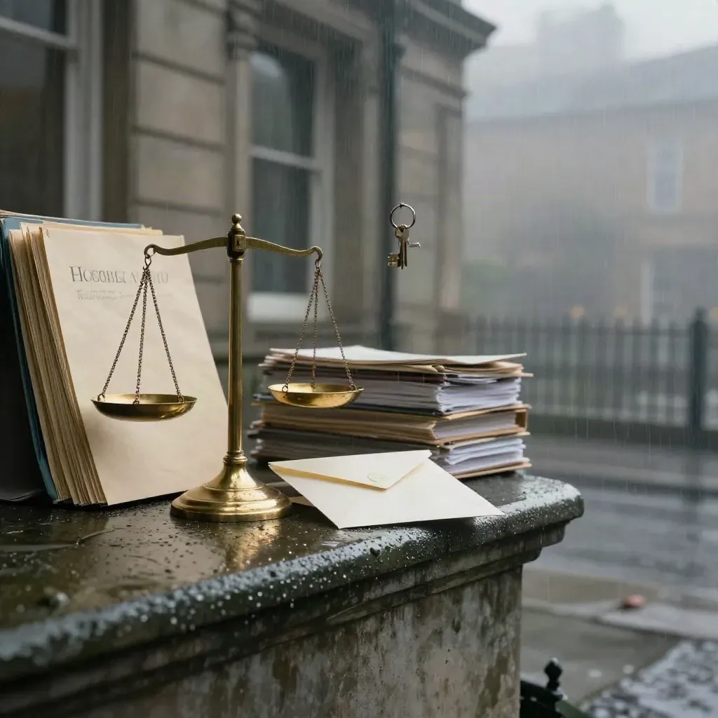 Brass scales, legal folders, keys and a will envelope on wet stone outside a misty Georgian office.