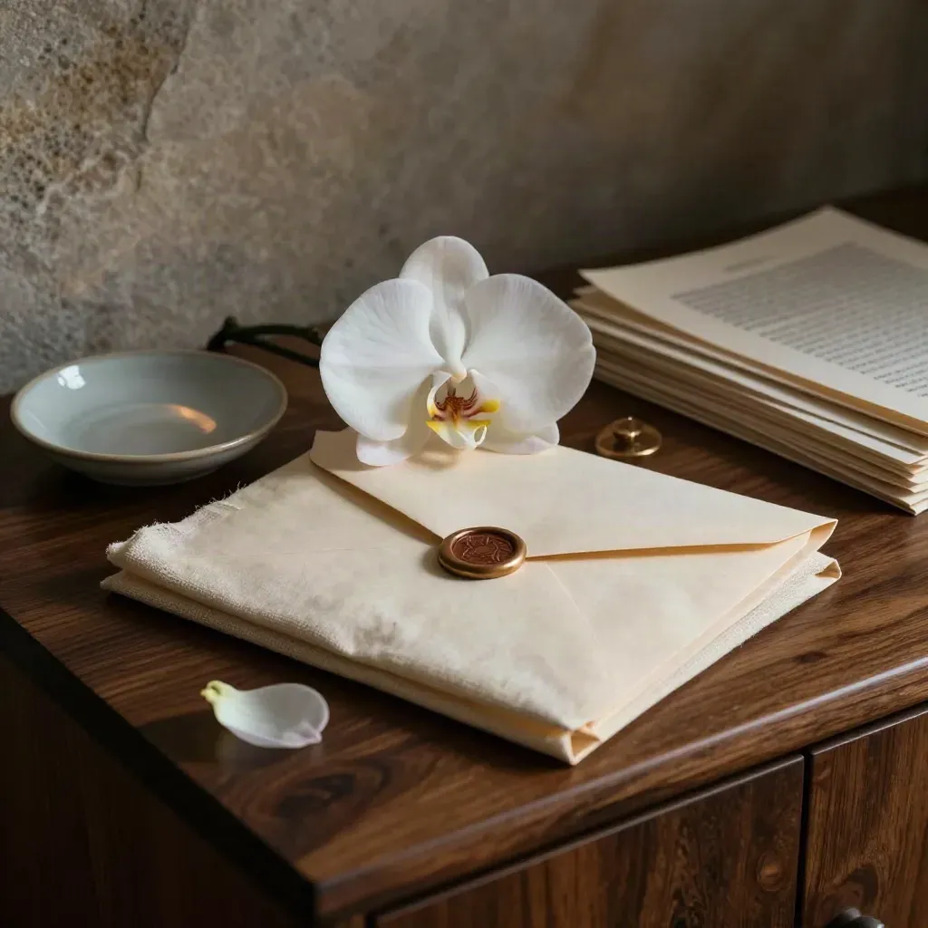 Sealed will envelope with brass stamp, orchid and dish on a walnut sideboard at dusk.