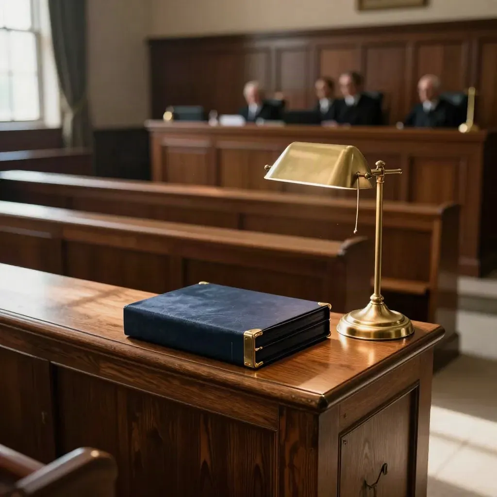 Empty courtroom bench with closed case bundle, brass lamp and timber rail in warm window light.