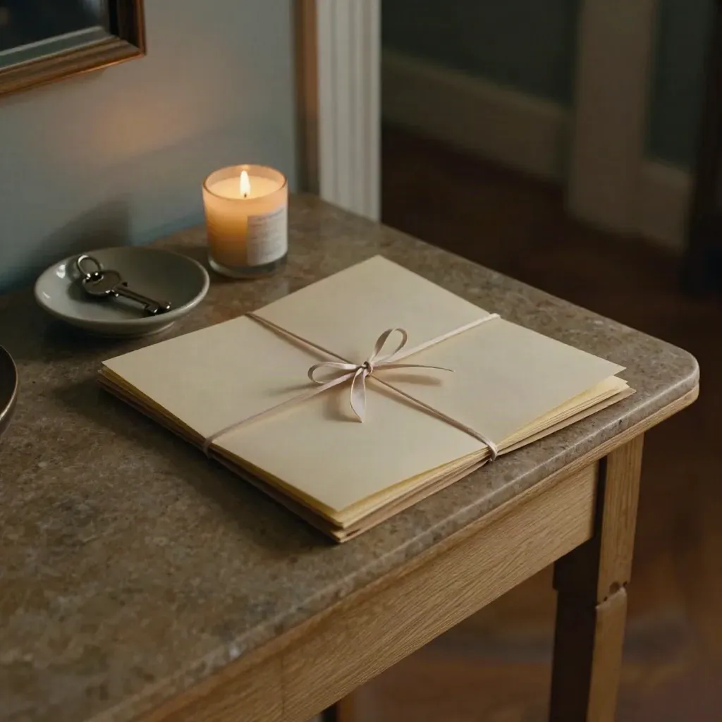 Probate folder, house key, candle, and ceramic dish on a hallway console in soft evening light