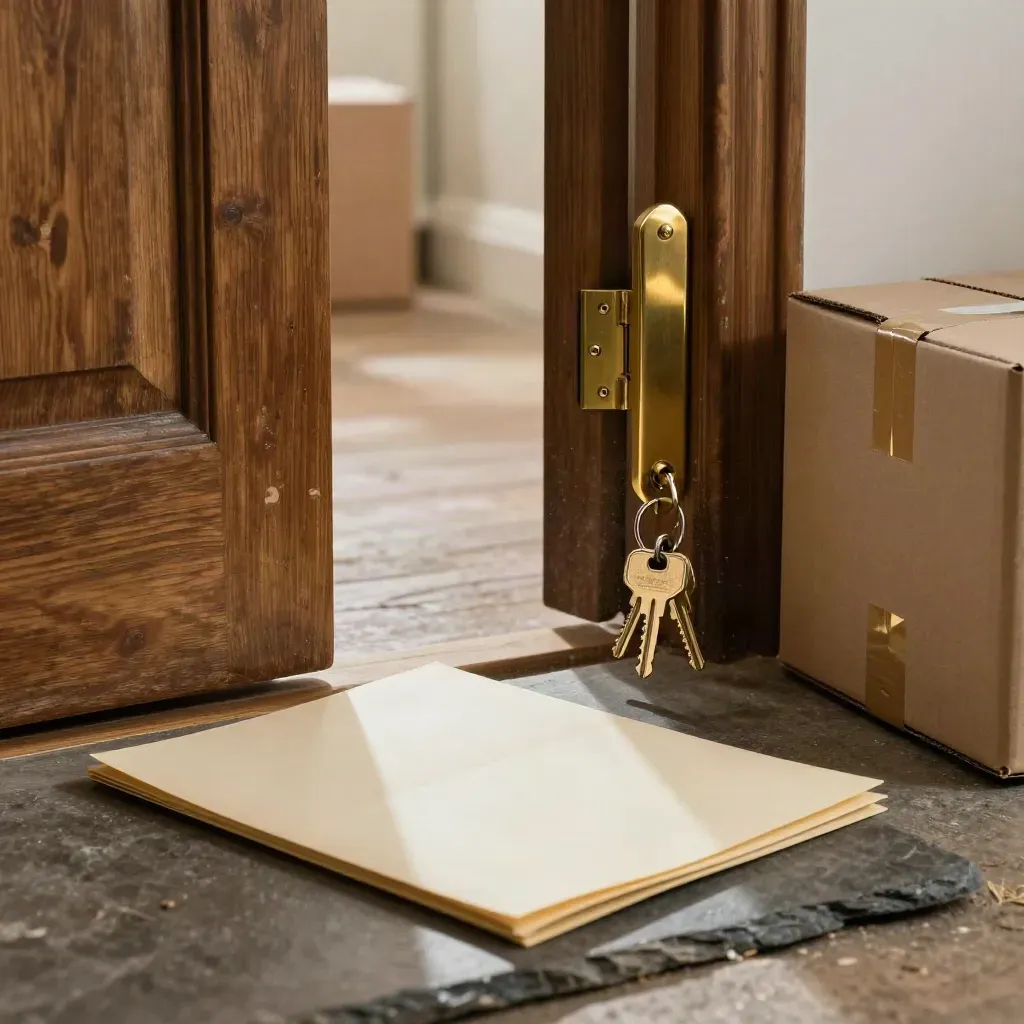 Keys and moving box at an open front door with a legal folder and brass latch.
