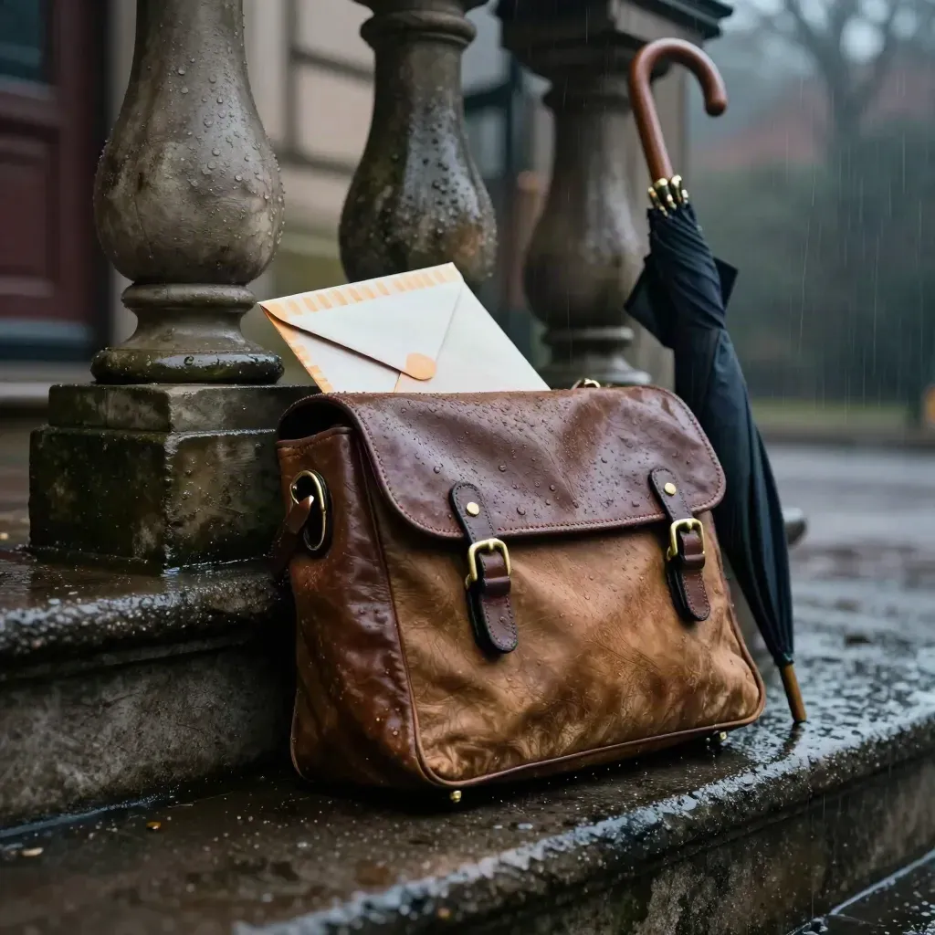 Rain-slick courthouse steps with a sealed dispute envelope, file satchel and umbrella stand.