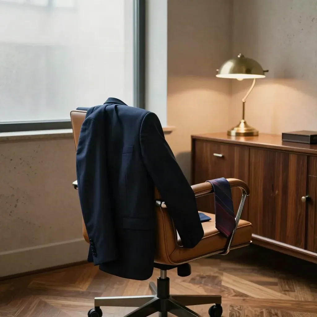Empty law office chair with blazer, folded tie and glowing lamp by a frosted window.