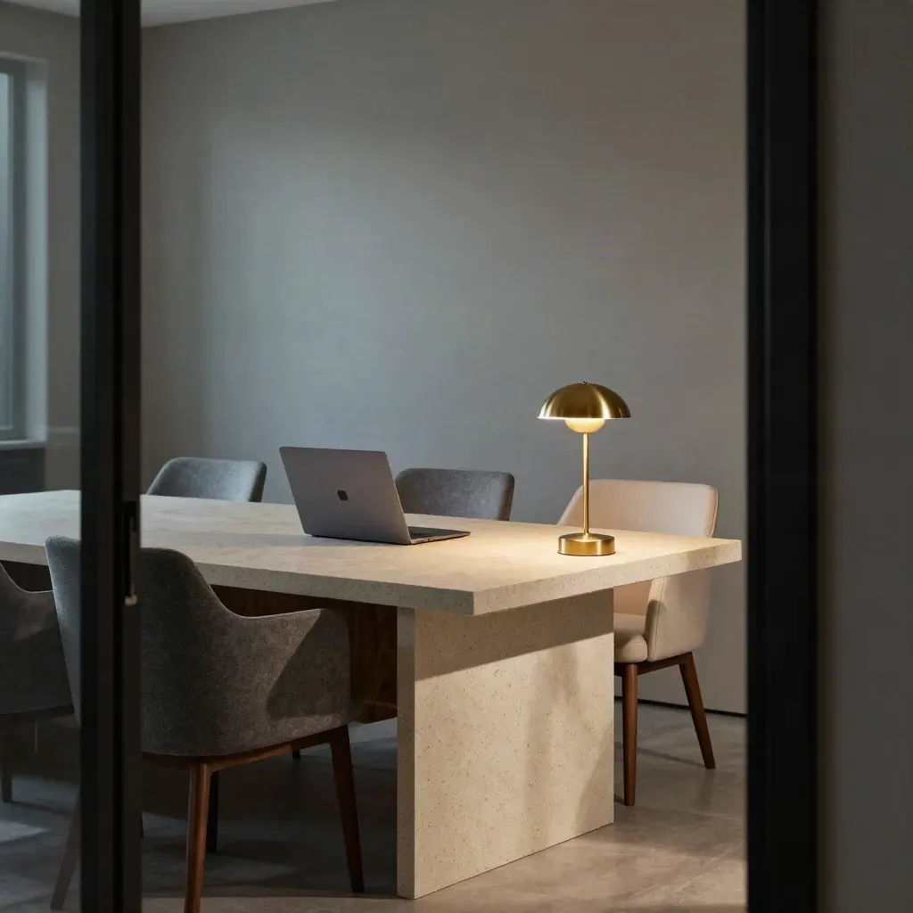 Boardroom corner reset after a meeting with laptop, armchairs, lamp and file stack