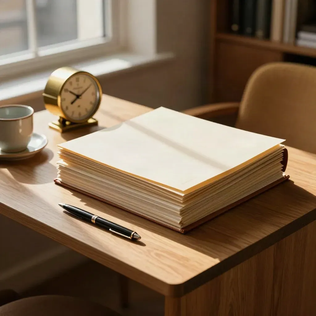 Legal folders, brass clock, ceramic cup and pen tray in a warm consultation nook