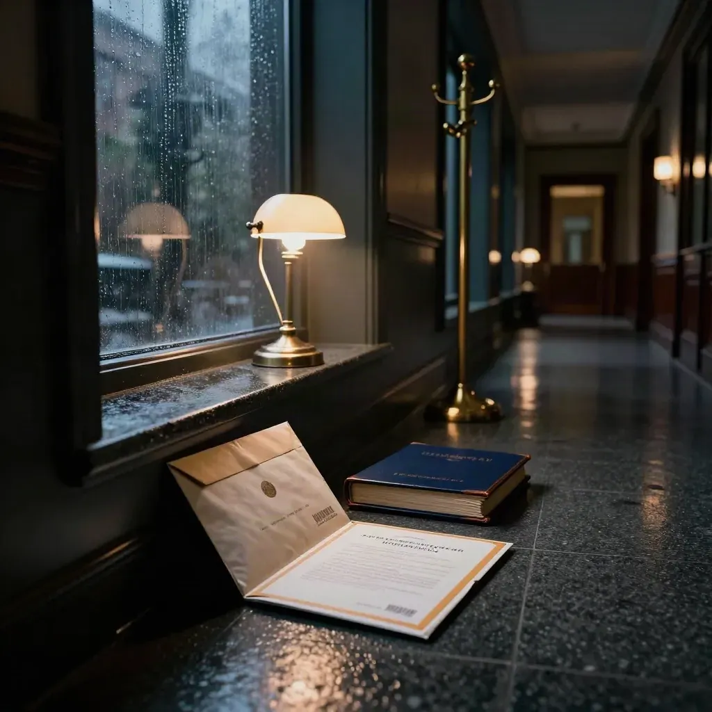 Late-night corridor with legal files, coat rack, lamp glow, and rain-streaked window.