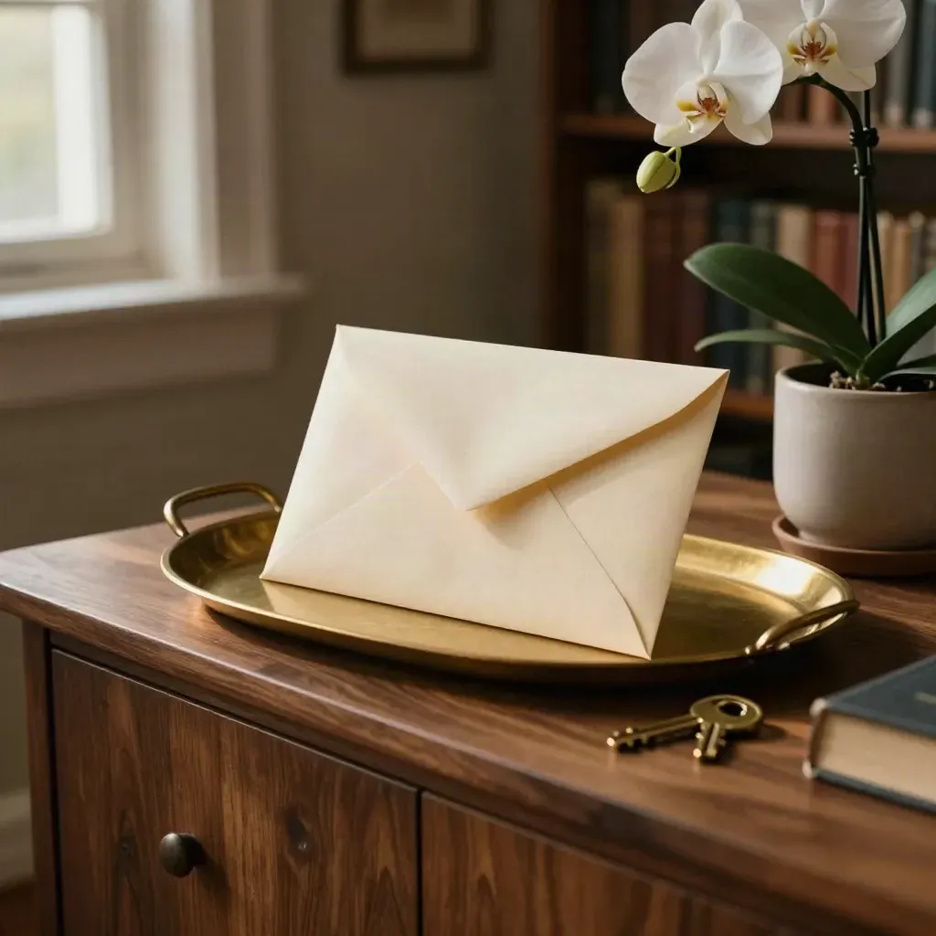 Sealed legal envelope, key, orchid and brass tray on a walnut sideboard