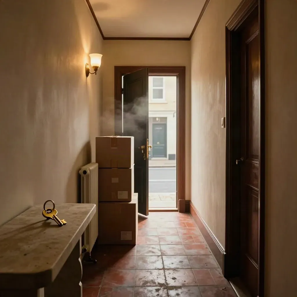 Terraced-house hallway with brass keys, moving boxes and open door light at completion day