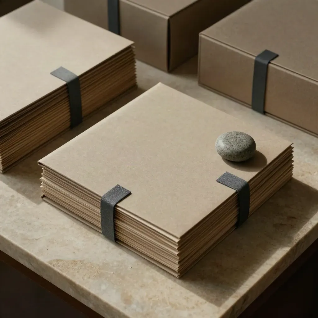 Top-down estate paperwork stack with folders, ribbon ties, and stone paperweight on limestone.