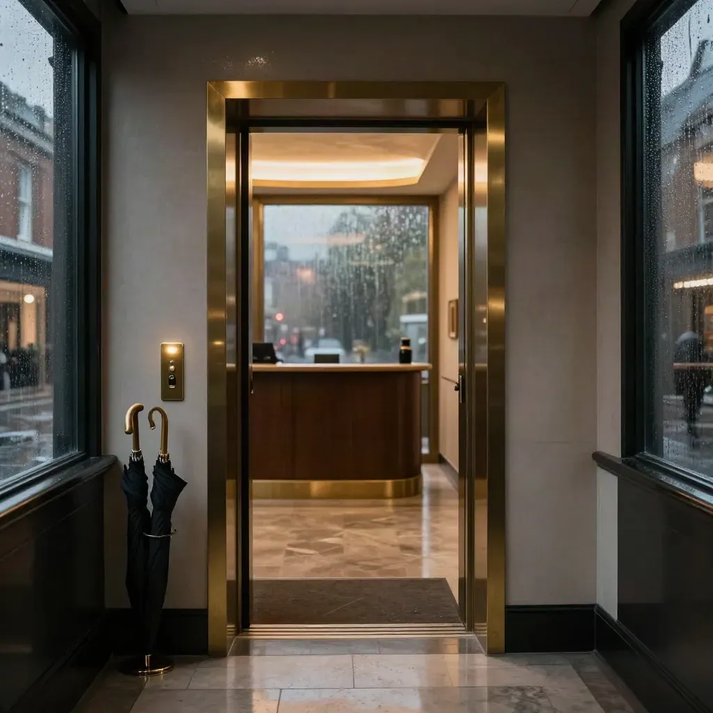 Rainy London law firm corridor with frosted glass, brass lift button and umbrella stand.