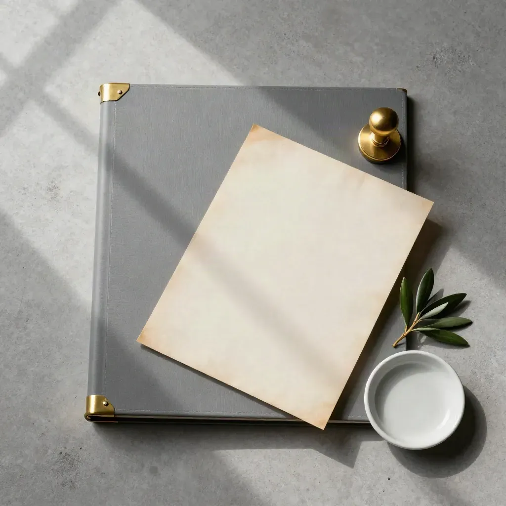 Overhead legal still life with a file, brass seal, olive sprig, and ceramic dish.