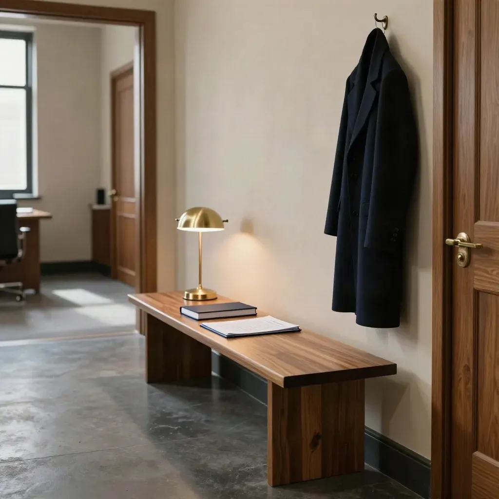 Doorway view of a legal office bench with file, notebook, lamp and coat hook
