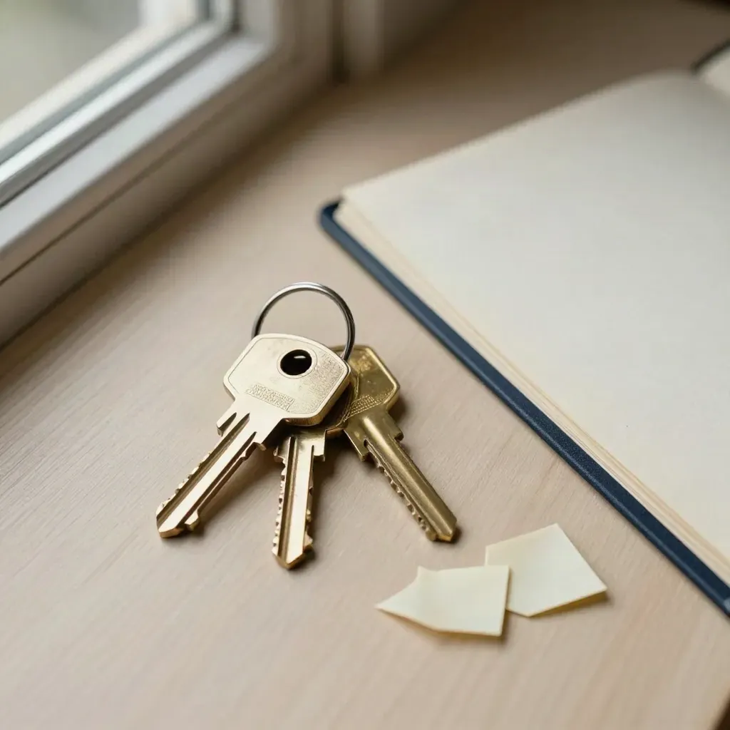 Top-down property keys, brass latch, folder and paint chips on pale wood.