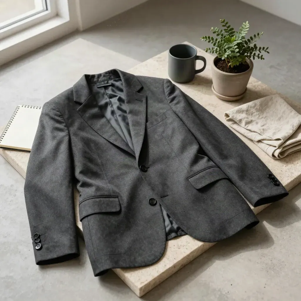 Tailored blazer with notepad, mug and plant on a stone tray, lit softly on concrete.
