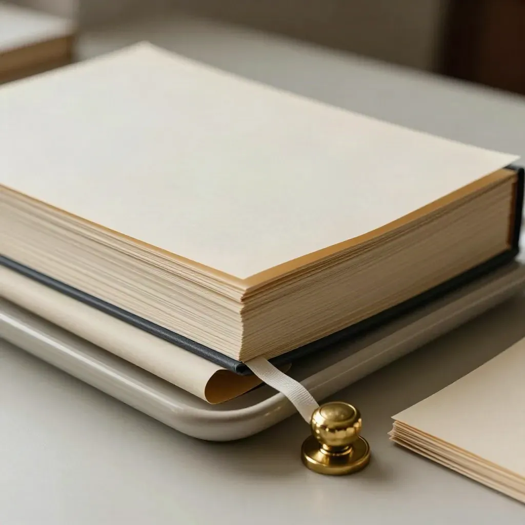Closed legal files in a ceramic tray with brass seal and ribbon on a plaster sweep, softly lit