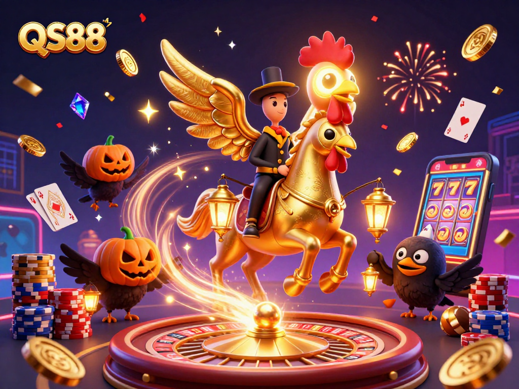 Experience the thrill of QS88 with dynamic casino visuals, coins flying, and vibrant colors.