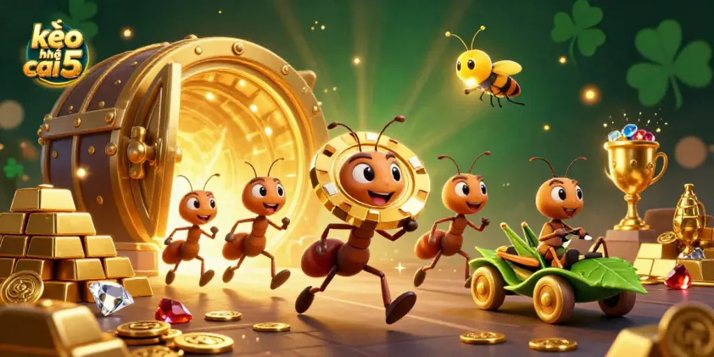 Experience kèo nhà cái 5 with a heist of whimsical ants and treasures in a dynamic casino tunnel scene.