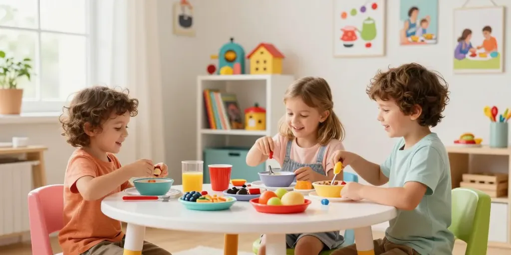 Children enjoying imaginative play with a colourful toy kitchen set, promoting creativity and social skills.