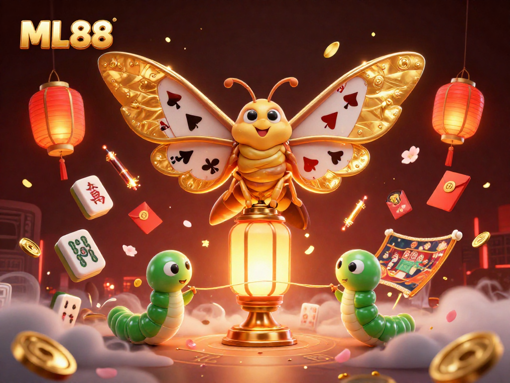 ML88 showcases a vibrant 3D scene with a golden atlas moth and dynamic casino elements.
