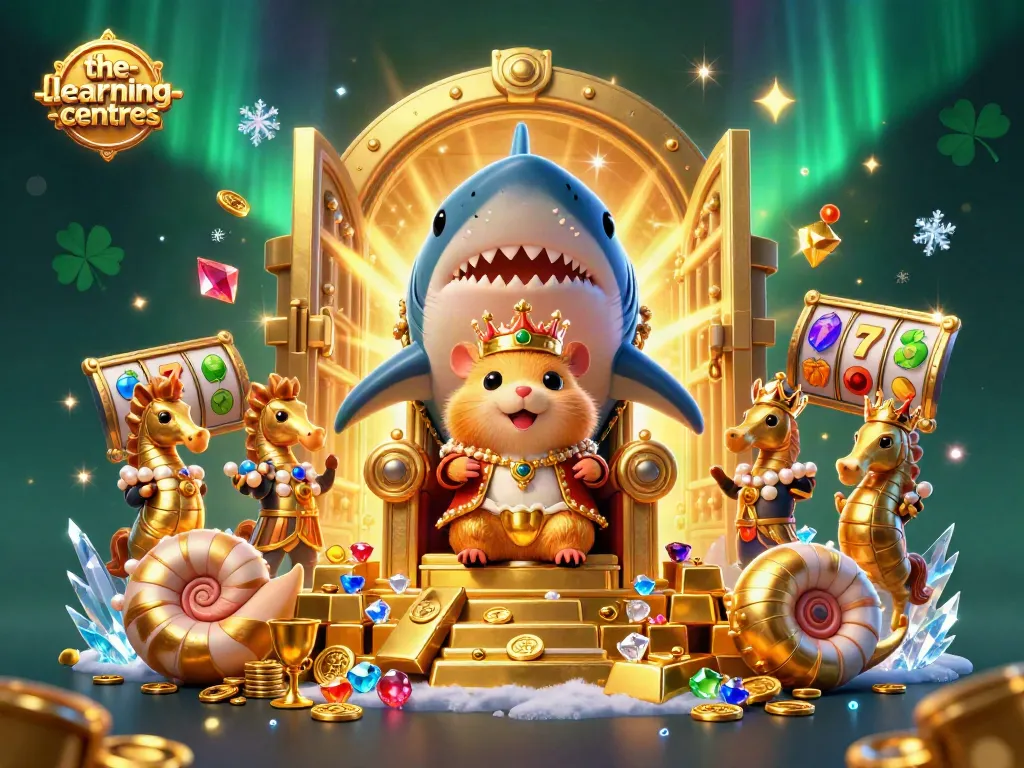 The-learning-centres illustration featuring a hamster king surrounded by casino treasures and slot elements.