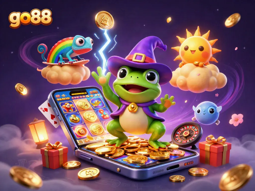 go88 features a captivating scene with a weather wizard frog amidst golden coins and casino elements