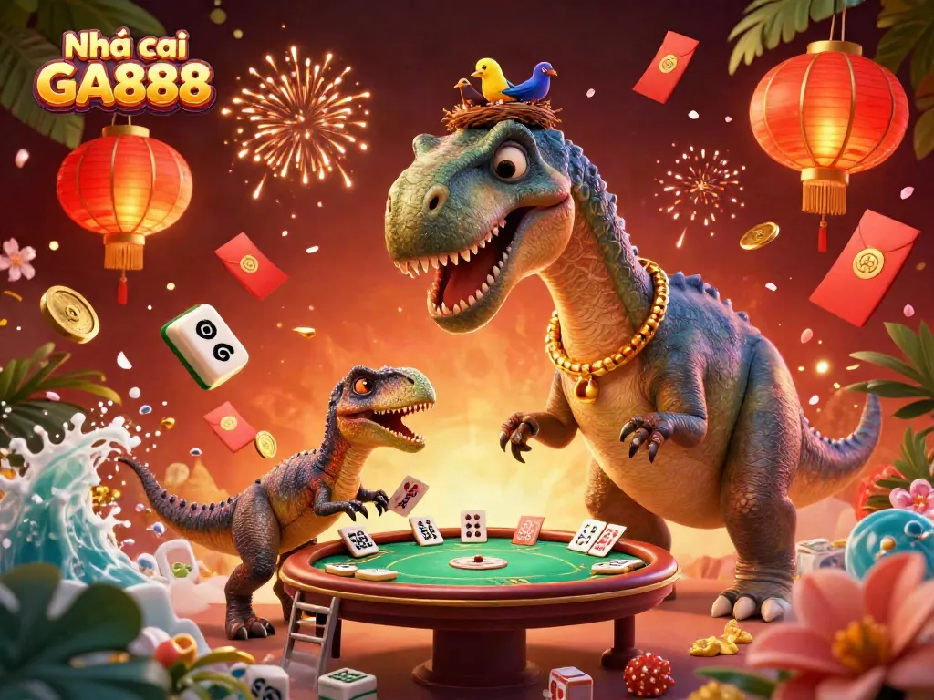 Engage with Nhà cái GA888 in this vibrant illustration featuring a massive brontosaurus and a raptor dealing cards.