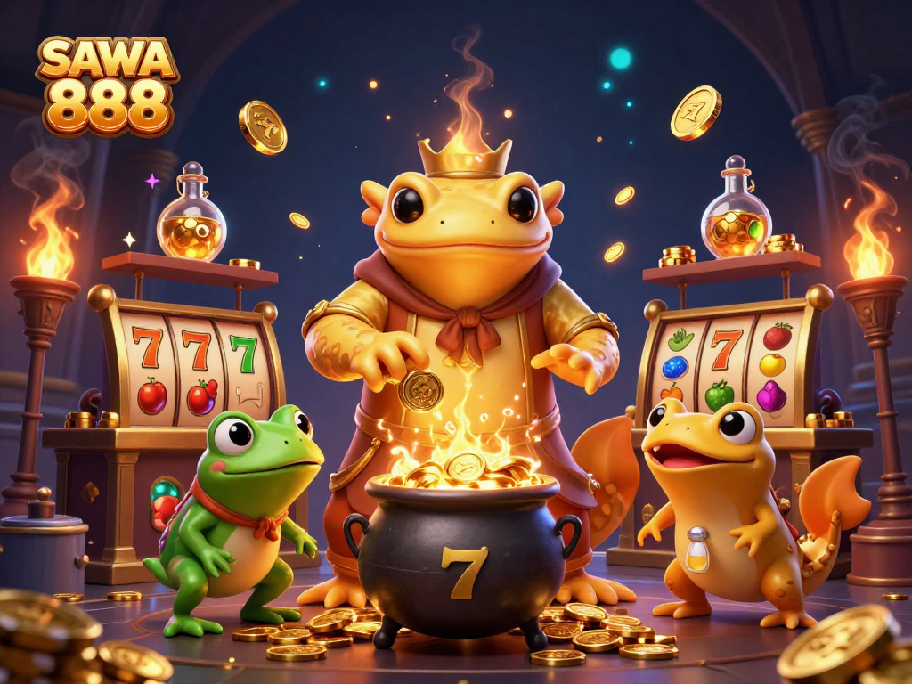 SAWA 888 showcases a giant golden salamander alchemist in a vibrant casino-themed scene filled with slot reels and gold coins.