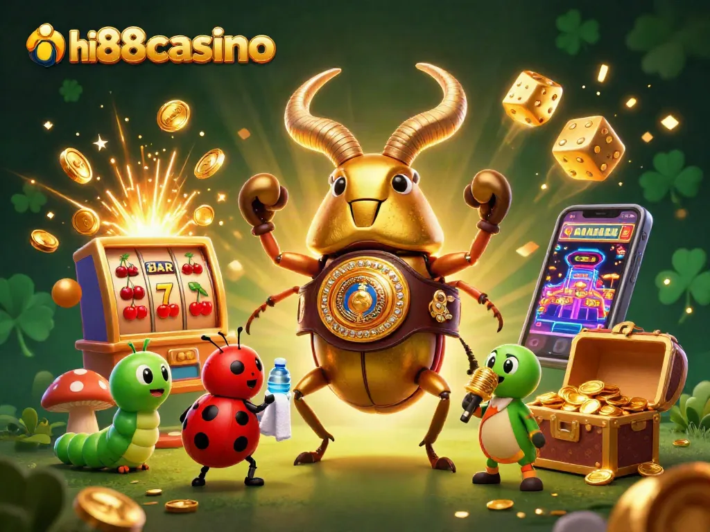 Engage in hi88casino entertainment with animated characters amidst slot machine jackpots and festive casino elements.